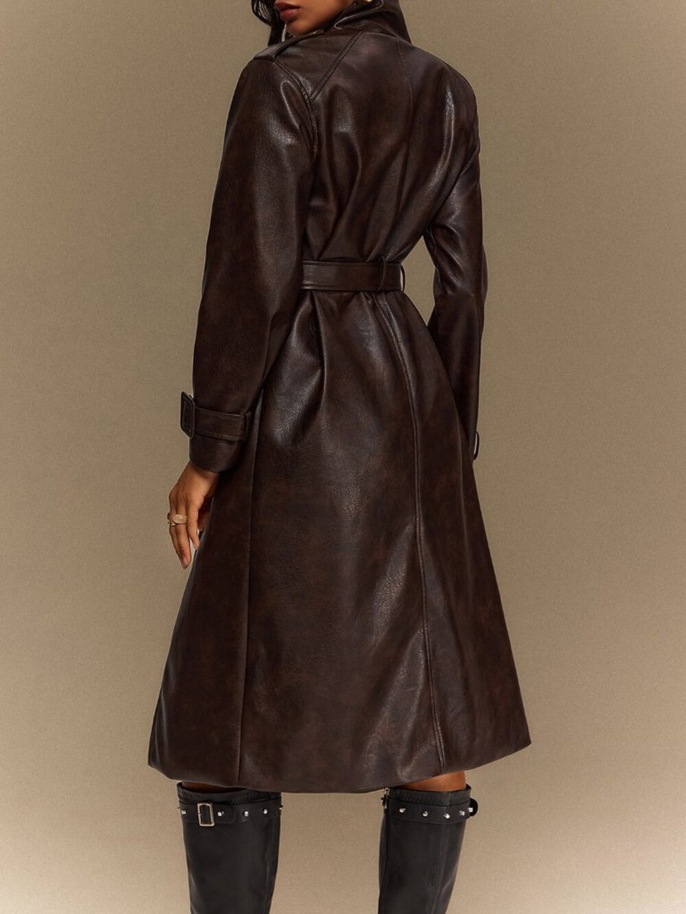 Brown Elegant Women's Loose Funnel Neck Zipper Faux Leather Trench Coat - Picture 2 of 7